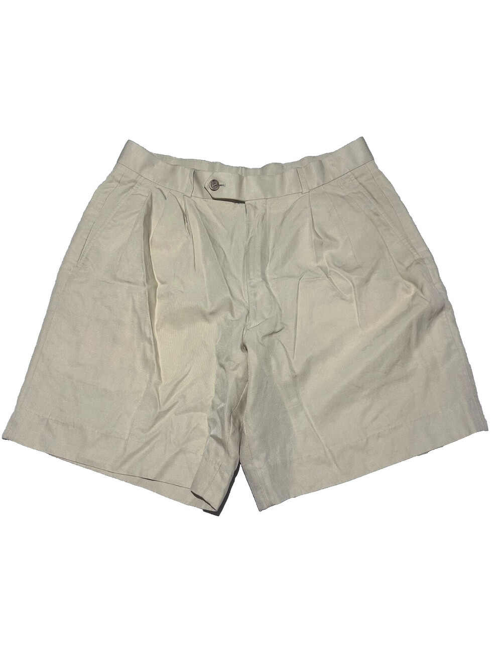 Reyn Spooner Men 32 Khaki Tan Silk Pleated Hawaiian Aloha Chino Shorts Vintage